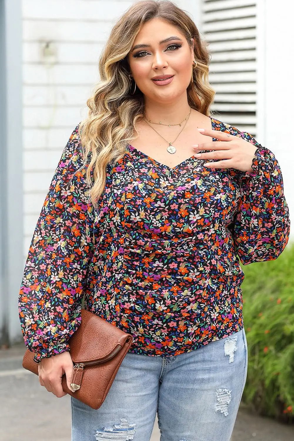 Black Plus Size V Neck Bubble Sleeve Floral Blouse - Love Salve